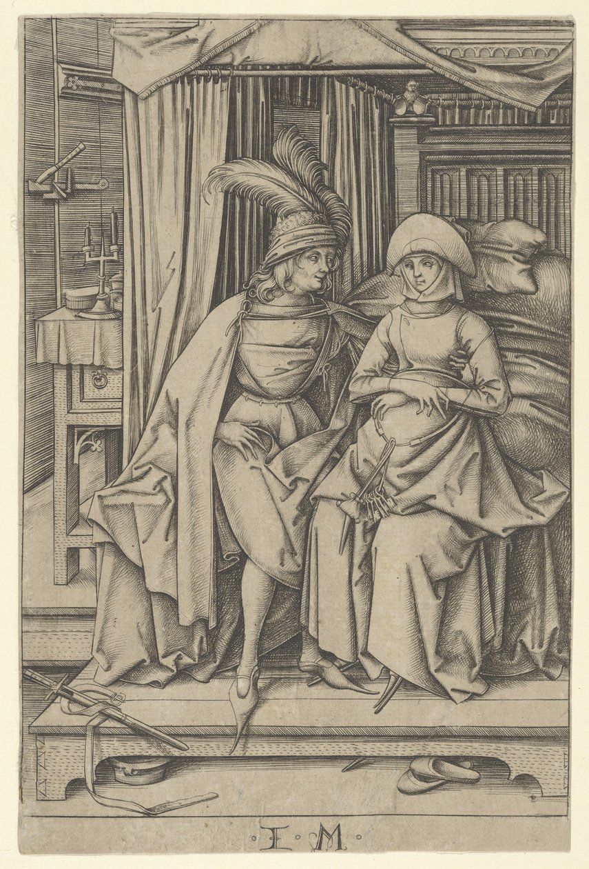 Par sitter på en seng, fra Scenes of Daily Life,.n.d. av Israhel van Meckenem