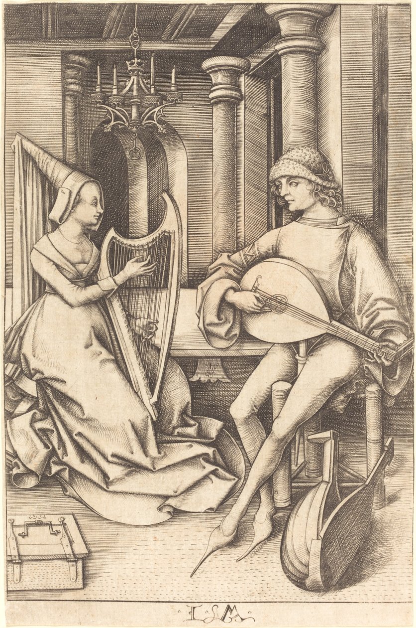 Lutespilleren og harpisten, ca. 14951503. av Israhel van Meckenem