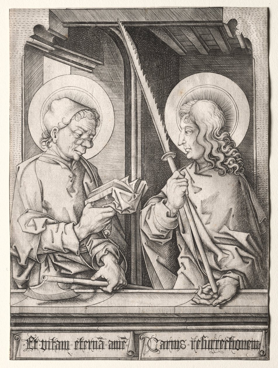 De tolv apostlene ved gotiske vinduer: St. Matthias og St. Judas Thaddaeus. av Israhel van Meckenem