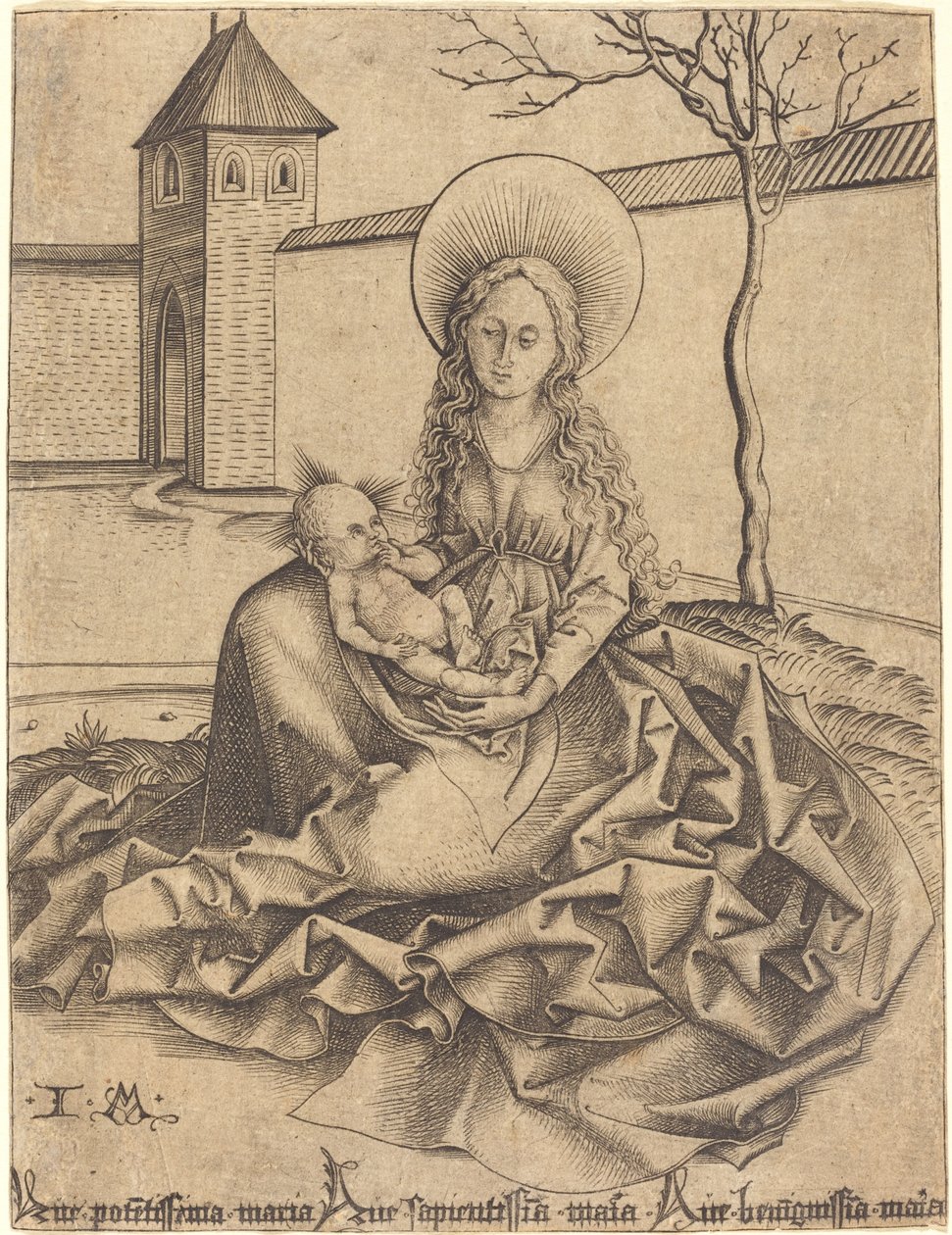 Jomfru og barn i en gårdsplass av Israhel van Meckenem after Martin Schongauer