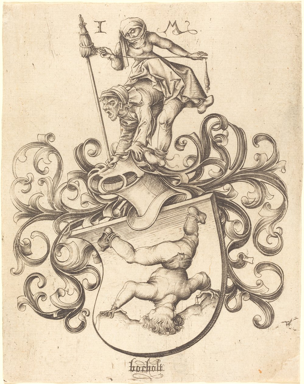 Våpenskjold med Tumbling Boy av Israhel van Meckenem after Master of the Housebook