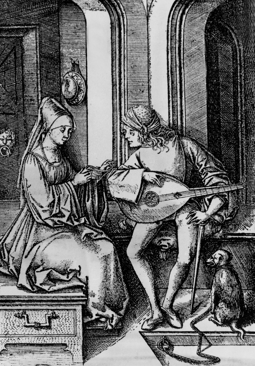 En kvinne som synger mens en mann spiller en lutt (gravering) av Israhel van the younger Meckenem
