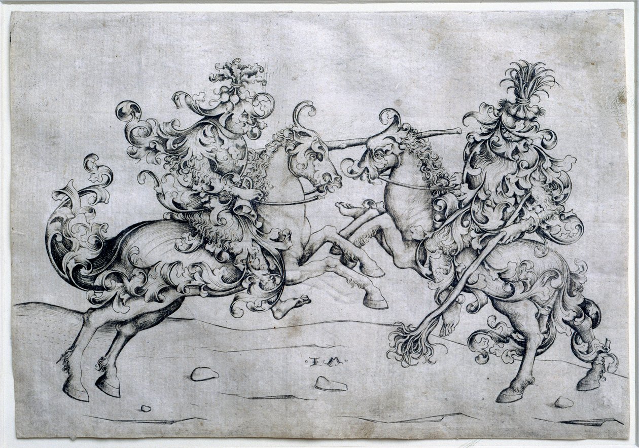 To ryttere som spiller. Spill med to menn til hest. Tegning av Israel Van Meckenem (ca. 1440-1503). Museet Louvre av Israhel van the younger Meckenem