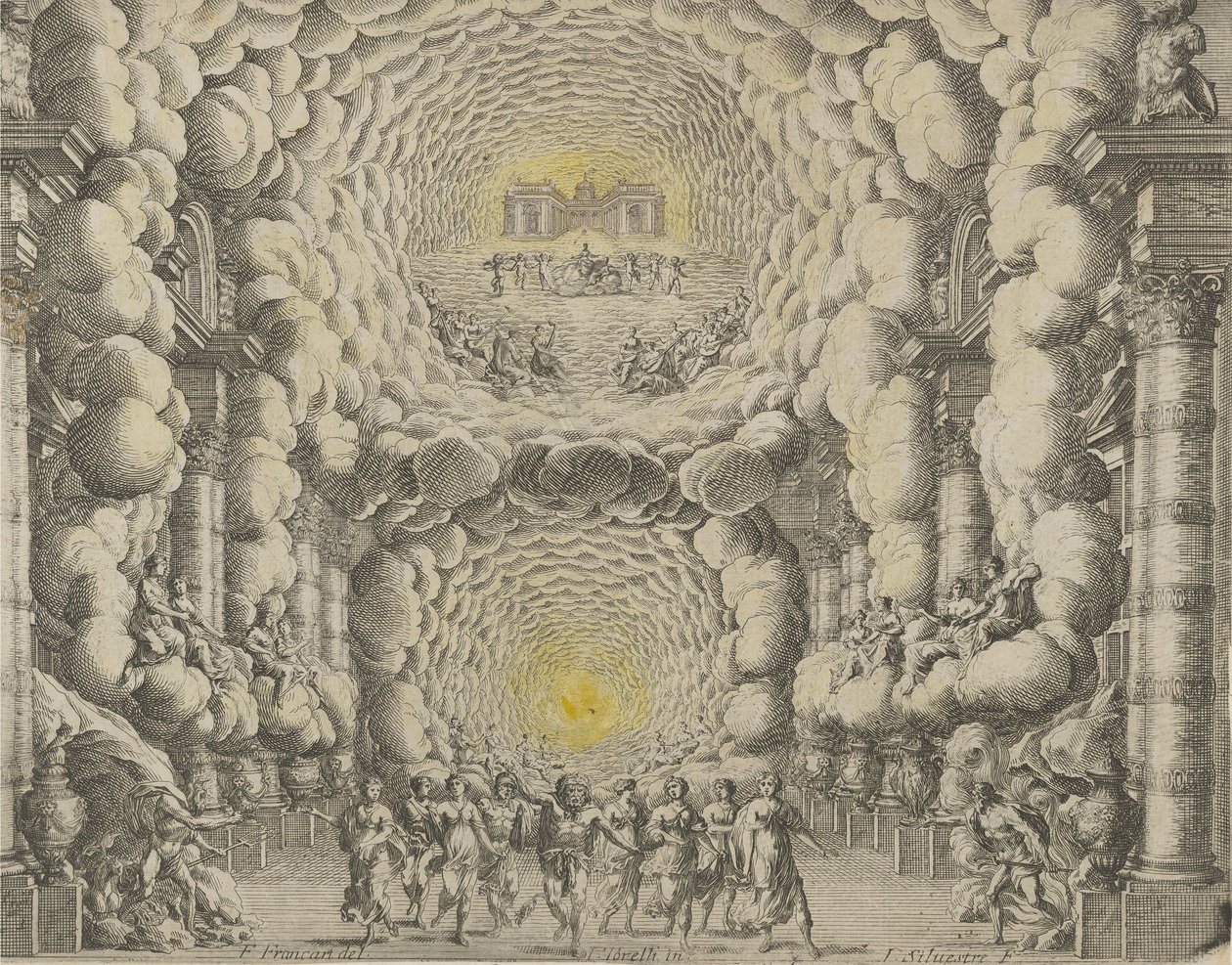 Design for et teatersett laget av Giacomo Torelli da Fano for balletten 'Les Noces de..., 1654 av Israël Silvestre