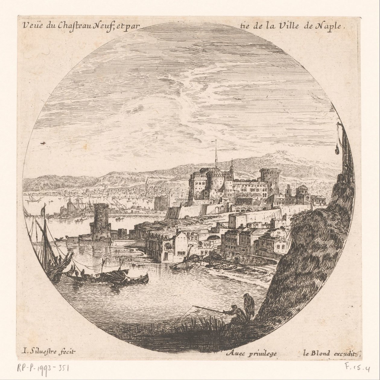 Utsikt over Castel Nuovo Veue du Chasteau neuf et partie de la Ville de Naples (tittel på objekt) Ulike utsikter over havner (serietittel) Ulike veues de Ports de mer (serietittel) av Israël Silvestre
