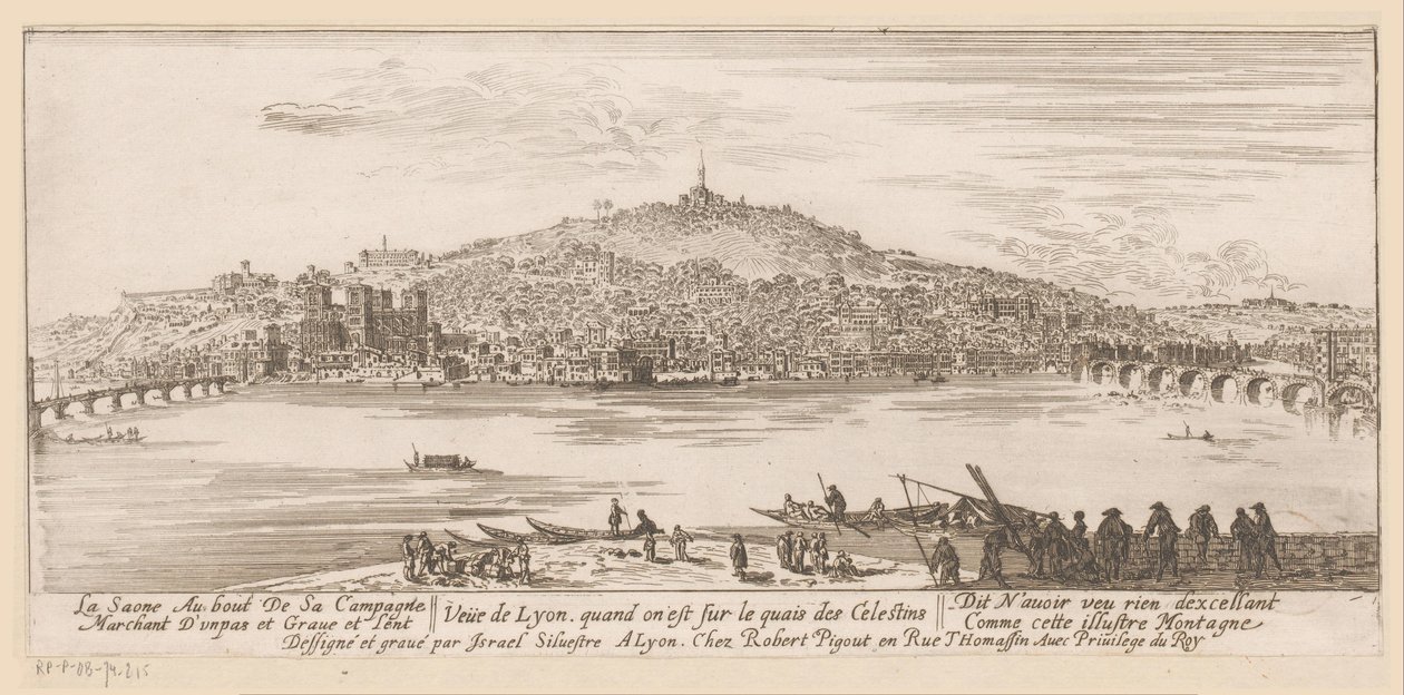 Utsikt over Lyon fra banken ved Celestine-klosteret Veue de Lyon quand on est sur les quais des Celestins (tittel på objekt) av Israël Silvestre