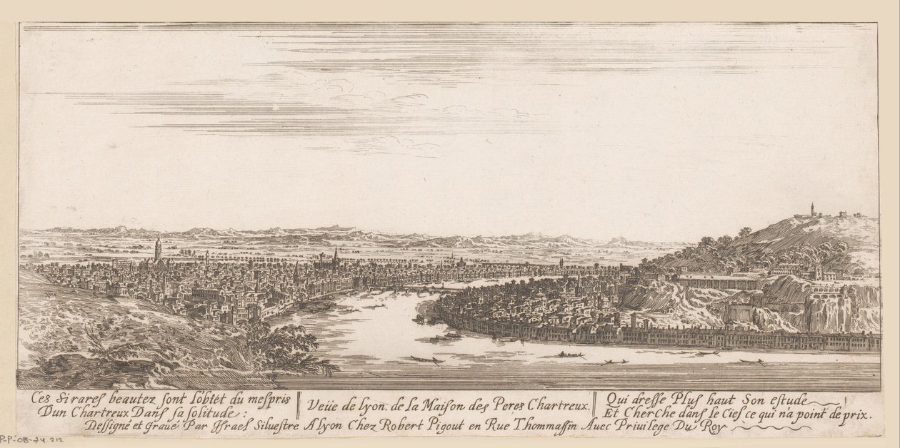 Utsikt over Lyon fra karteuserklosteret Veue de Lyon de la Maison des Peres Chartreux (tittel på objekt) av Israël Silvestre