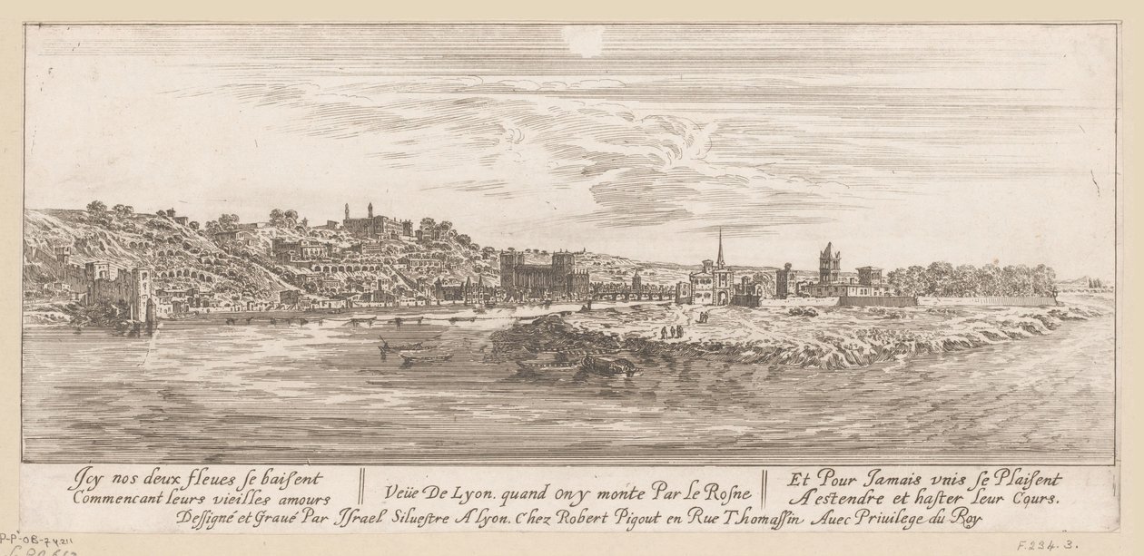 Utsikt fra Rhinen på Lyon Veue de Lyon quand on y monte par le Rosne (tittel på objekt) av Israël Silvestre