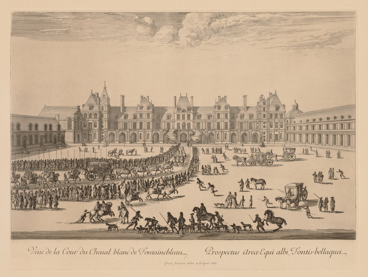Utsikt over Cour du Cheval-Blanc i Fontainebleau, 1667. av Israël Silvestre