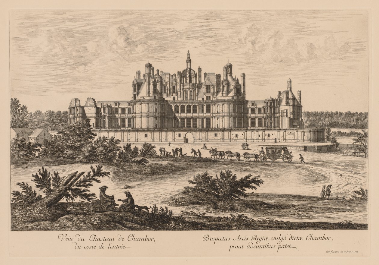 Utsikt over Château de Chambord, fra siden av inngangen, 1678. av Israël Silvestre