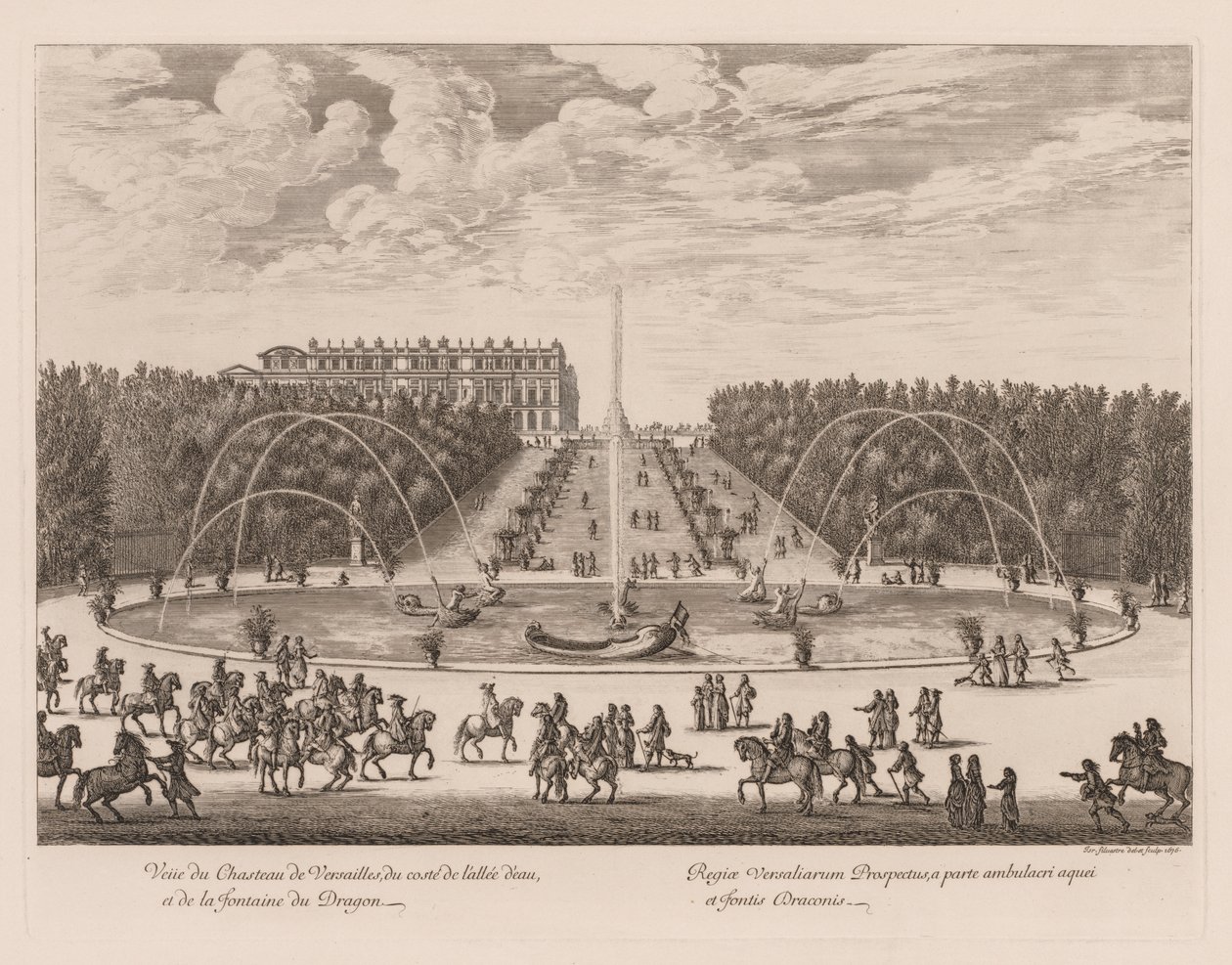 Utsikt over Château de Versailles, fra siden av smug og dragefontenen av Israël Silvestre