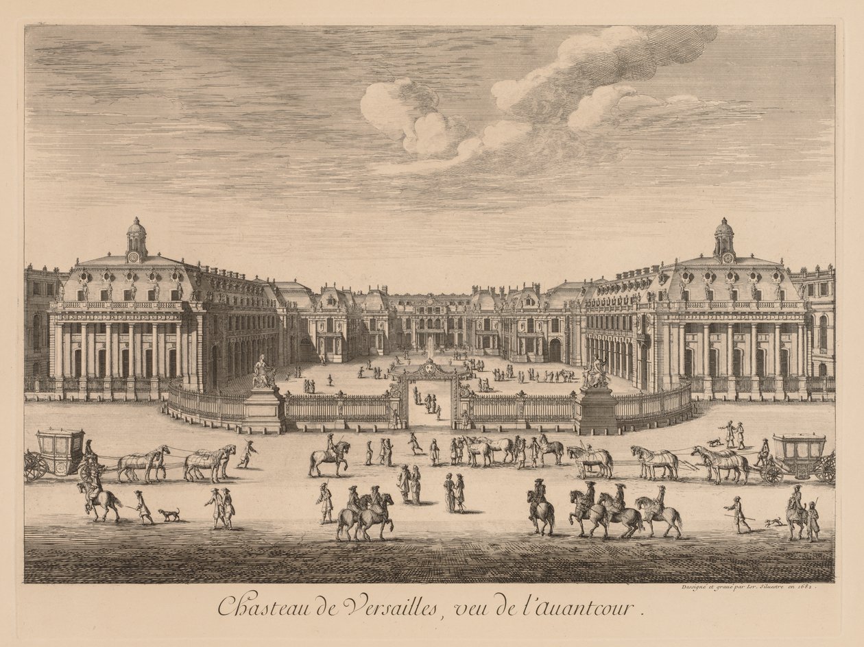 Utsikt over slottet i Versailles, sett fra forgården, 1682. av Israël Silvestre