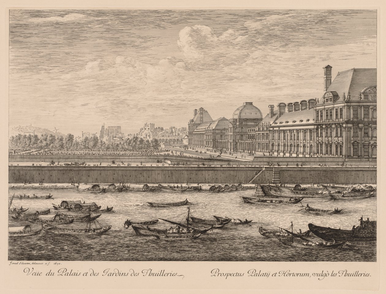 Utsikt over Tuileries-palasset og hagene, fra siden av kaien, 1670. av Israël Silvestre