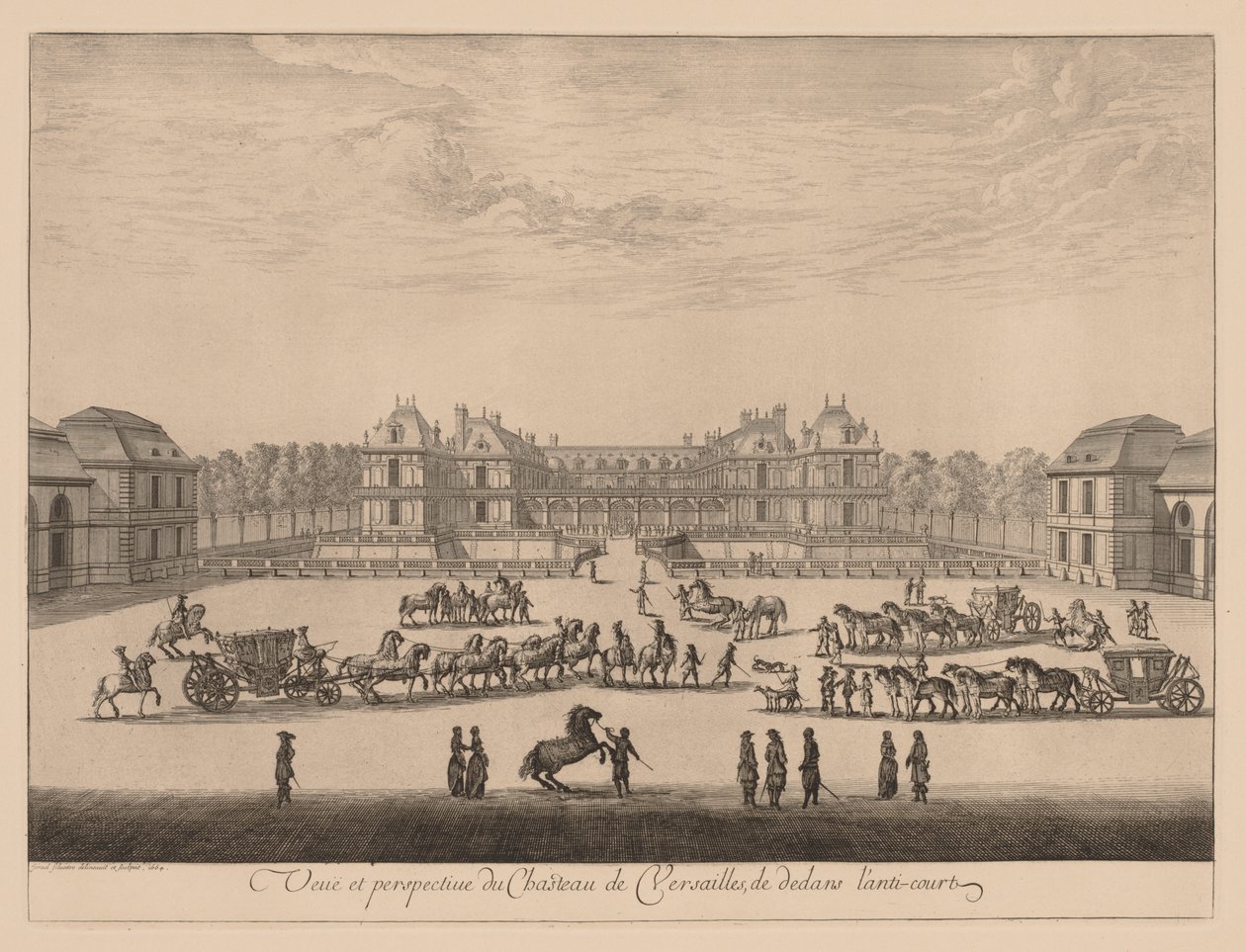 Utsikt og perspektiv av Palace of Versailles, fra innsiden av anti-gårdsplassen av Israël Silvestre