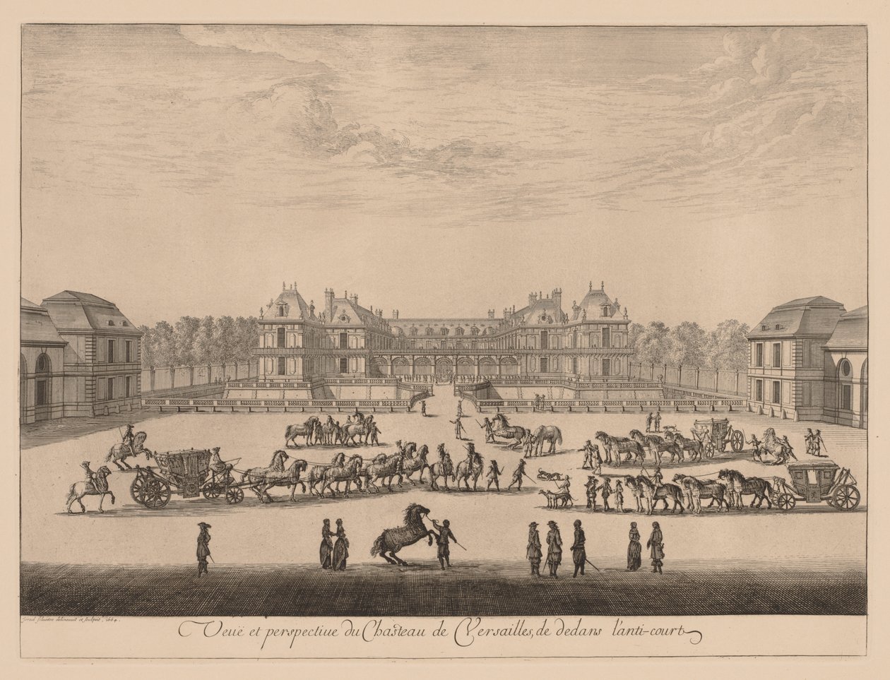 Utsikt og perspektiv av Palace of Versailles, fra innsiden av anti-gårdsplassen, 1664. av Israël Silvestre