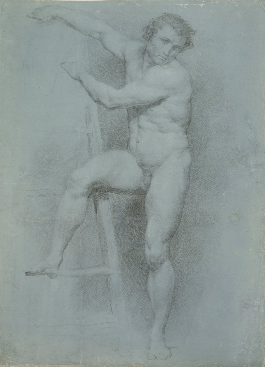 Mannlig naken lener seg på en stige av Italian Pompeo Girolamo Batoni