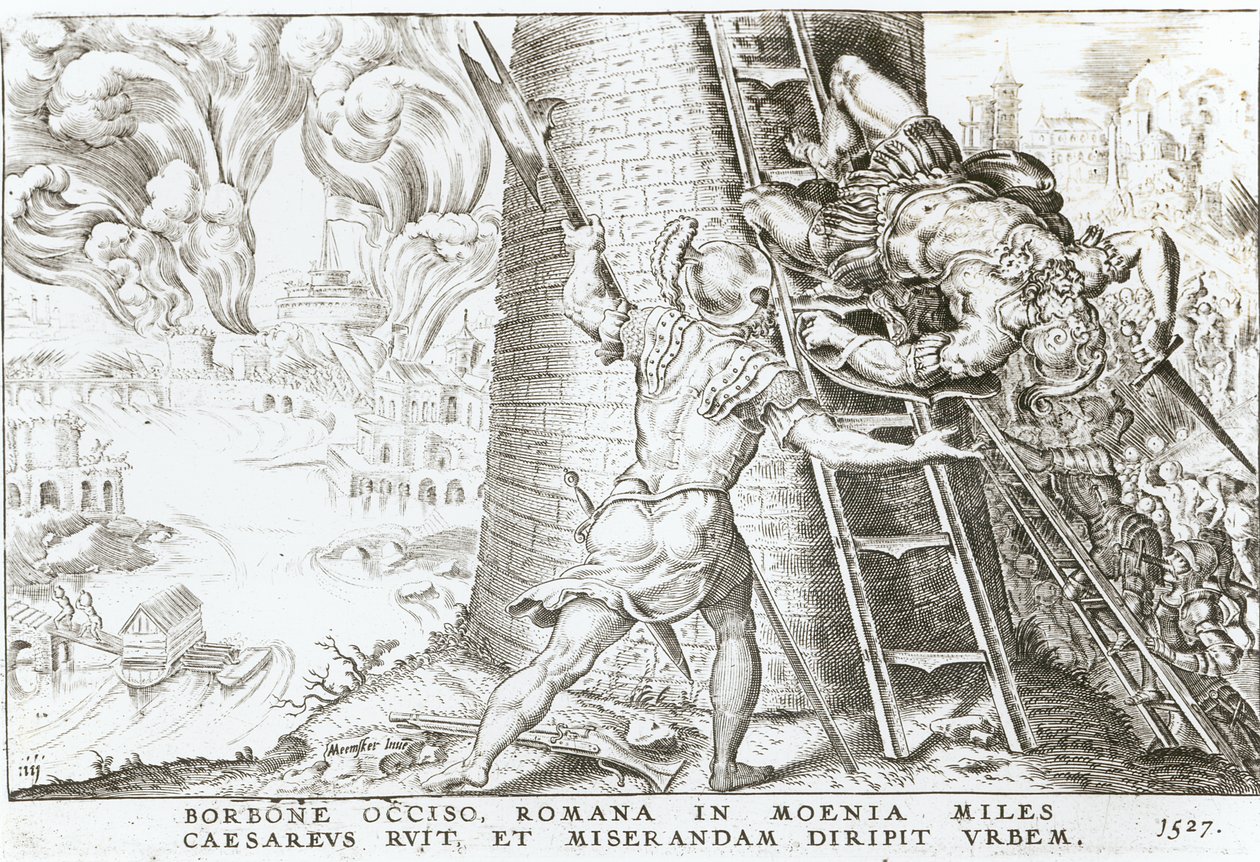 Ved Charles Bourbons død (1490-1527) stormer troppene til Charles V (1500-58) Romas murer, 1527 av Italian School