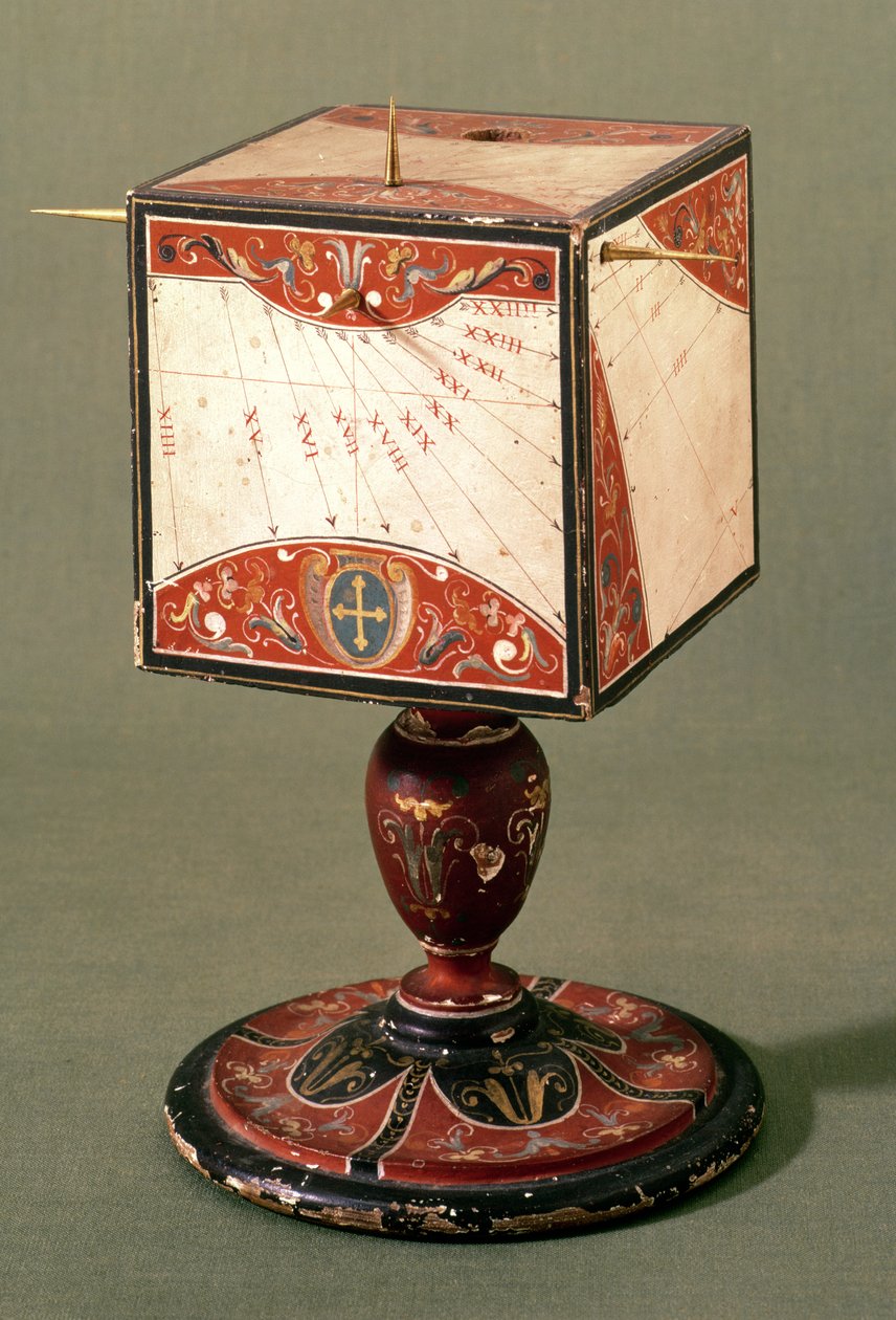 Kubisk solur som viser tiden i gamle italienske, babylonske og jødiske timer, florentinsk, ca. 1560 (valpesyke på tre) (se også 260952) av Italian School