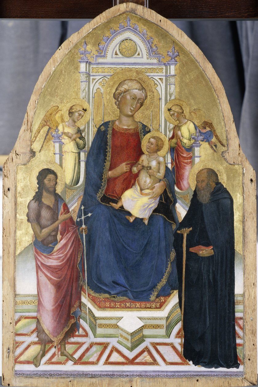 Tronet Madonna og barn med de hellige døperen Johannes og Antonius, ca. 1380-90 (tempera på furu) av Italian School