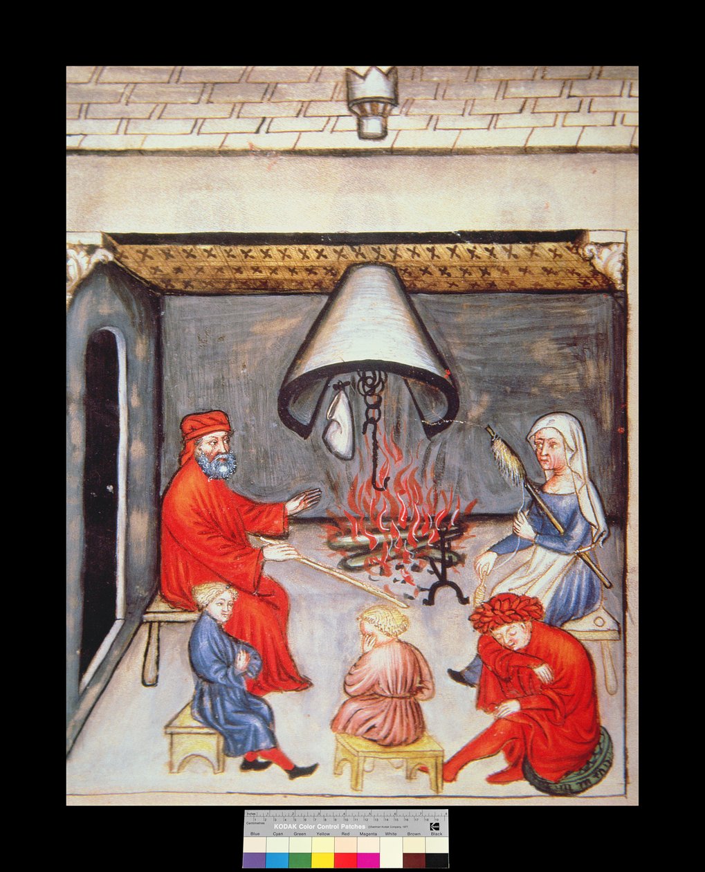 Fol.100v Samtale foran ilden, illustrasjon fra Tacuinum Santiatis Codex Vindobonensis av Italian School