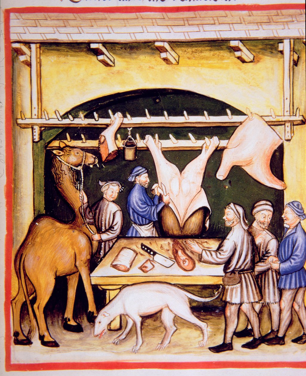 Fol.74r The Butchers: The Meat from Cows and Camels, illustrasjon fra Tacuinum Sanitatis Codex Vindobonensis av Italian School