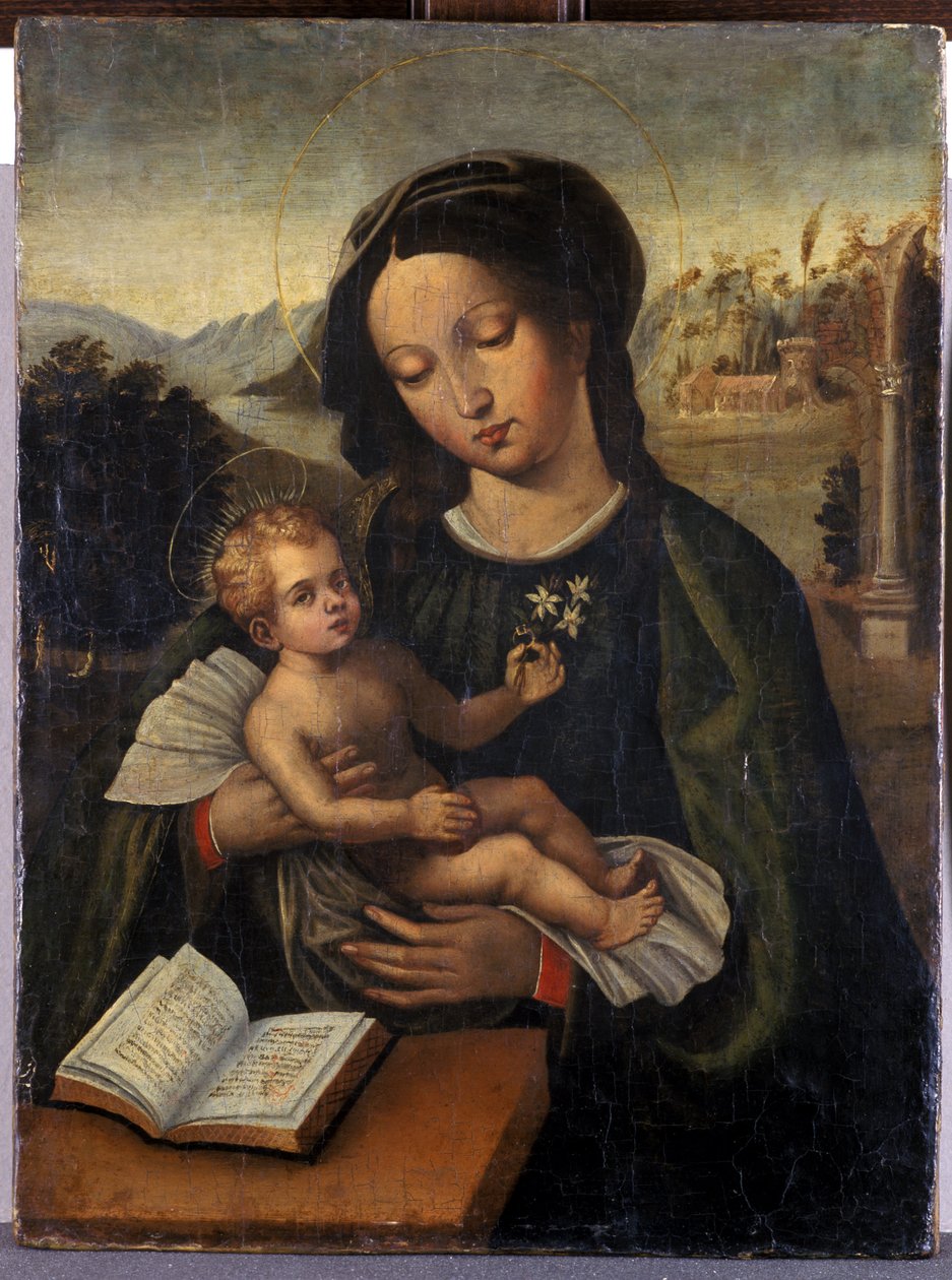 Madonna og barn (temperering på tre) av Italian School