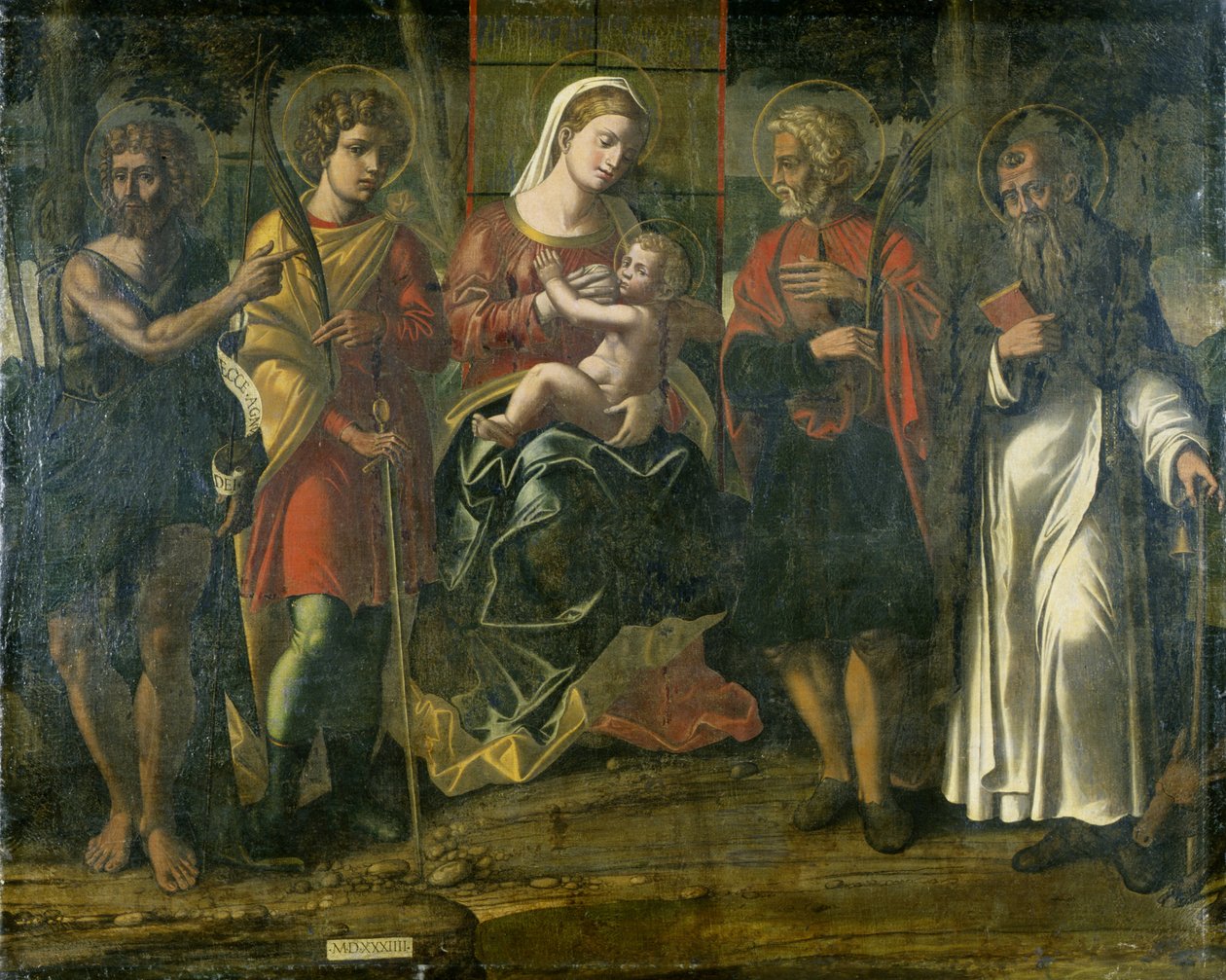 Madonna og barn med døperen Johannes, Anthony og andre helgener, 1534 (tempera på lerret) av Italian School