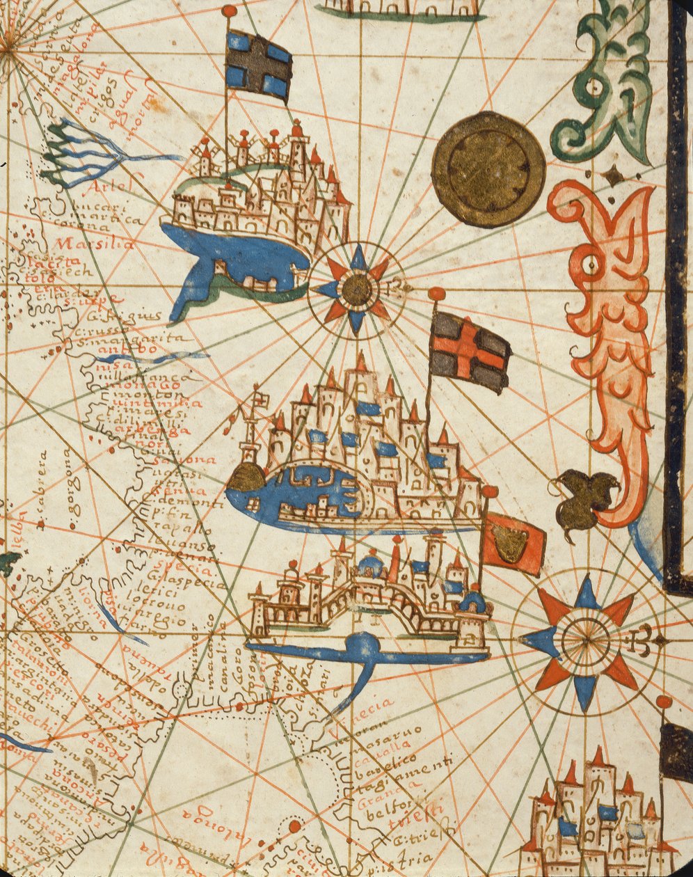 Marseille, Genova og Venezia, fra et nautisk atlas, 1646 (blekk på vellum) (detalj fra 330937) av Italian School
