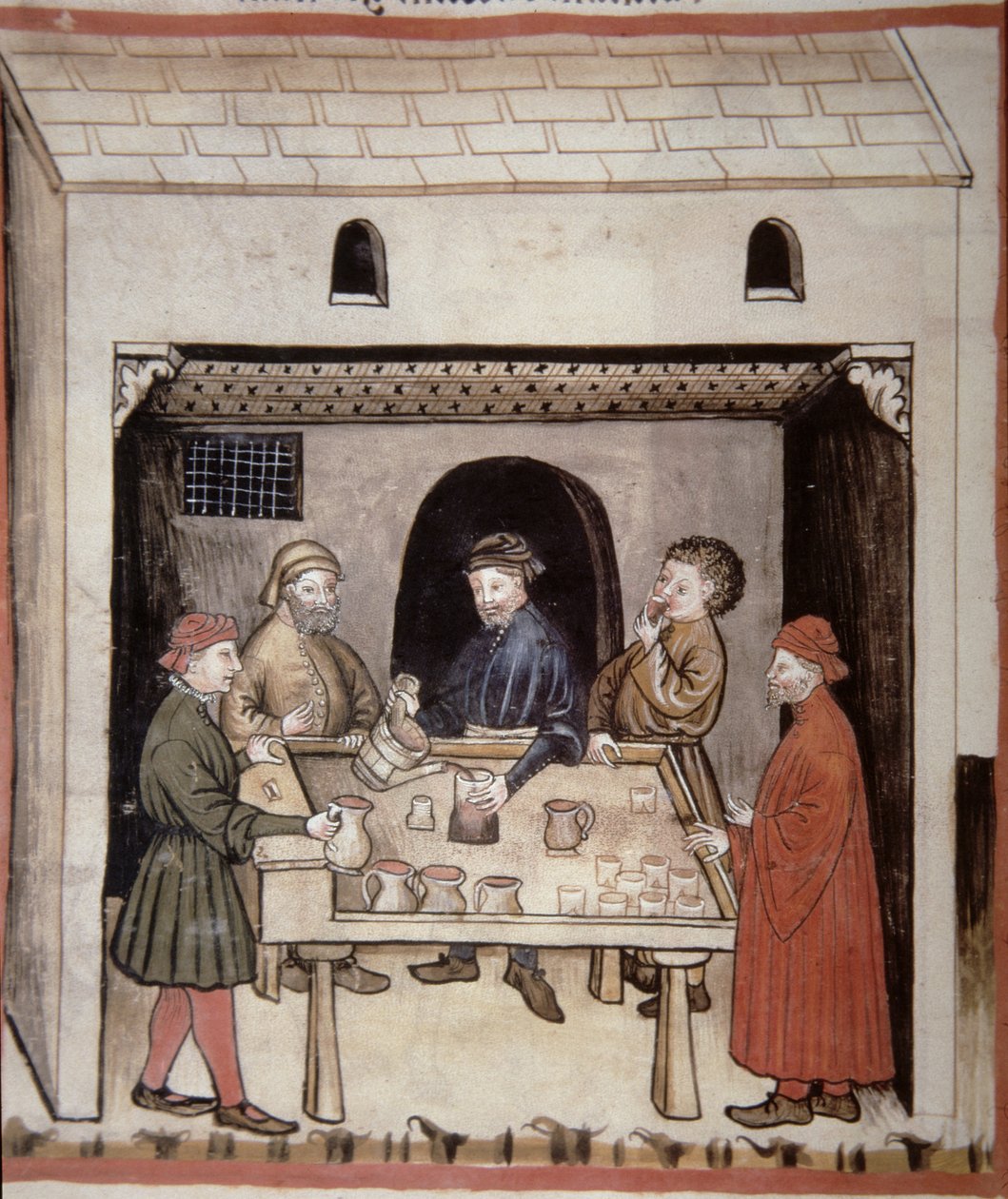 Nova 2644 f.87r smaker rødvin, fra Tacuinum Hygiene Code Vindobonensis av Italian School
