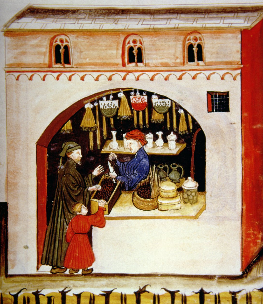 Nova 2644 fol.56r Salget av tørkede druer, fra Tacuinum Sanitatis av Italian School