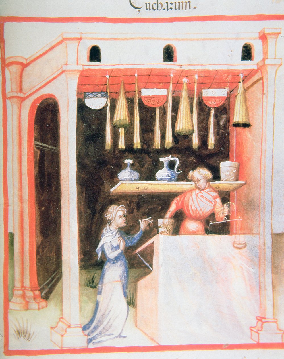 Nova 2644 fol.92r Salget av sukker, fra Tacuinum Sanitatis av Italian School