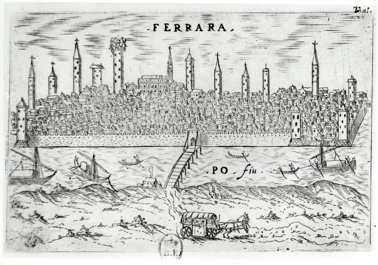 Panoramautsikt over Ferrara fra motsatt bredd av elven Po av Italian School