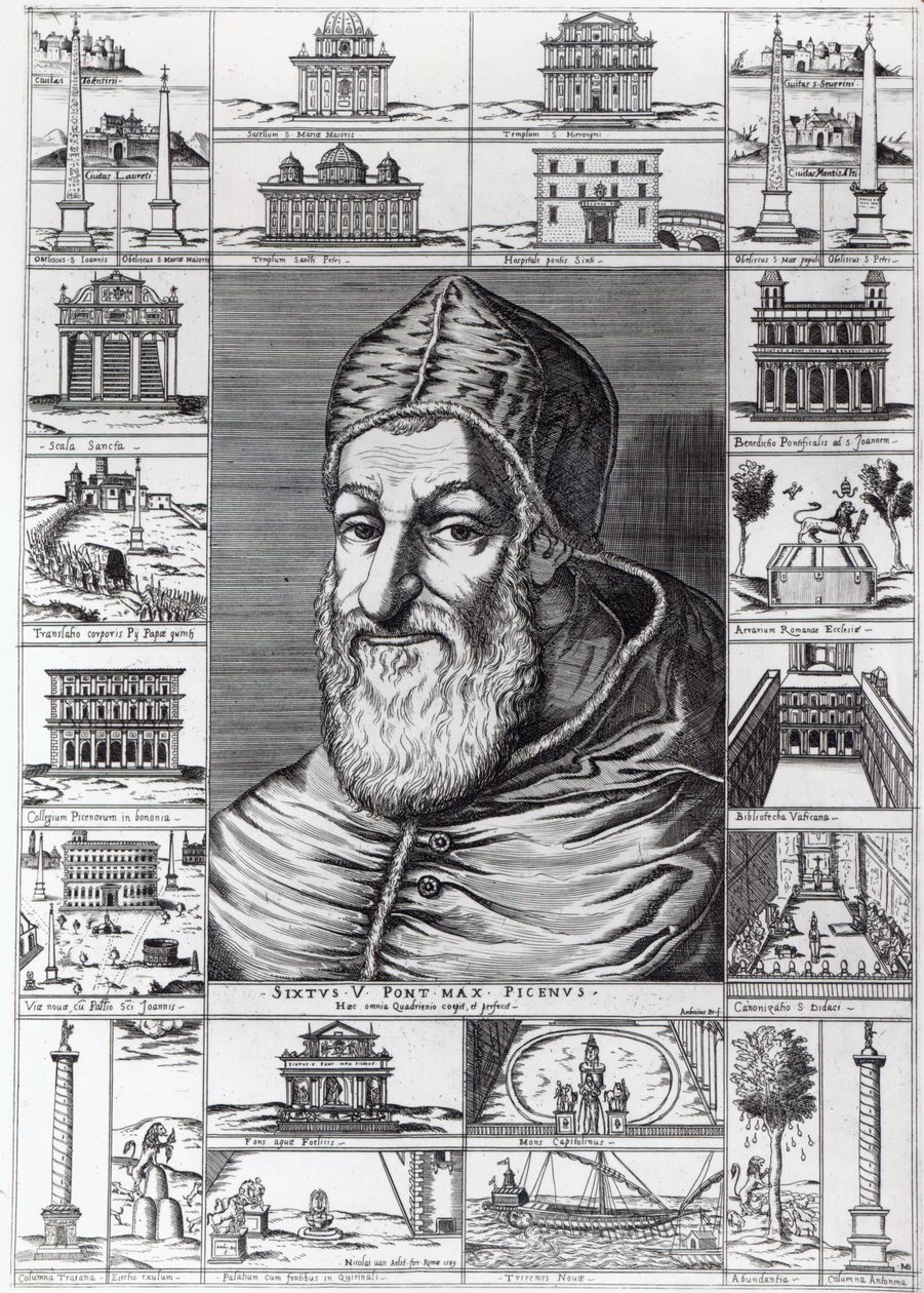 Pave Sixtus V, omgitt av kirkene, bygningene og monumentene bygget eller restaurert under hans pontifikat, gravert av Ambrosius, 1589 av Italian School