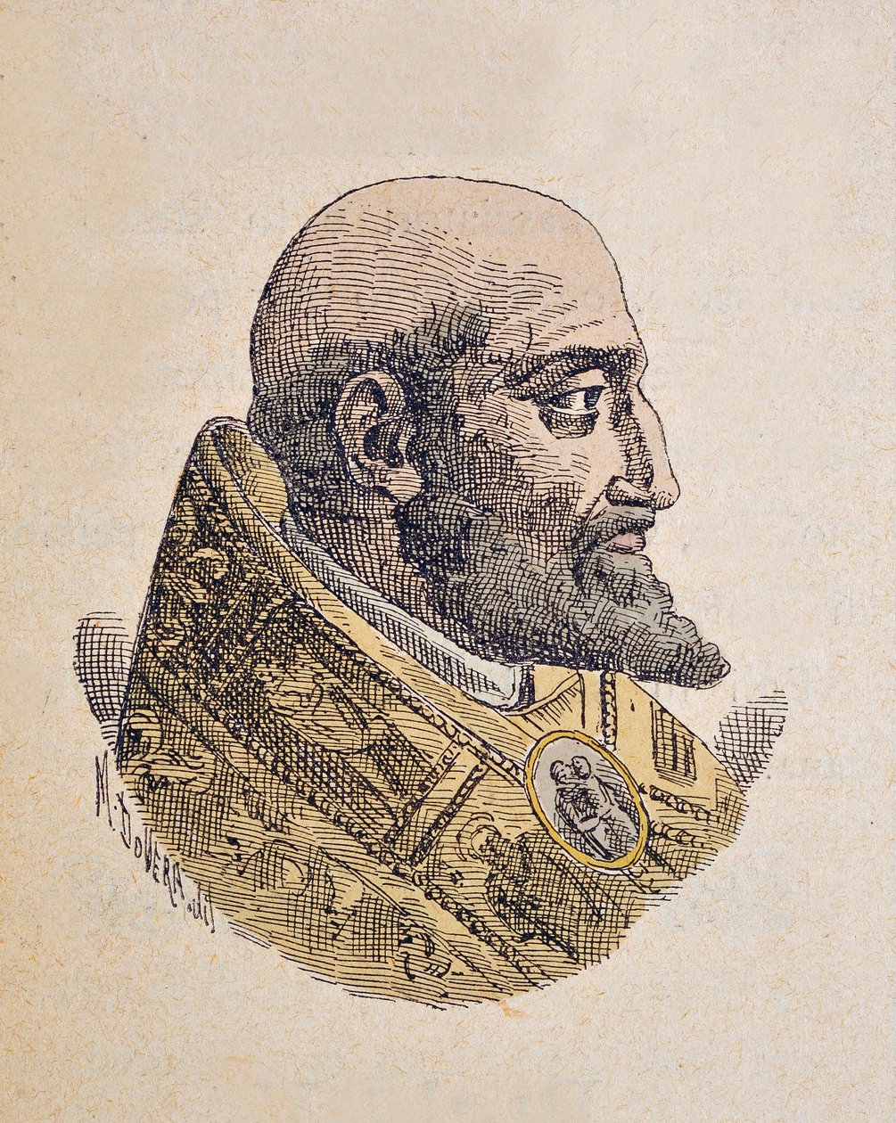 Portrett av paven Clement VIII (Clemente eller Clemens) (1592-1605), 1898 (gravering med senere fargelegging) av Italian School