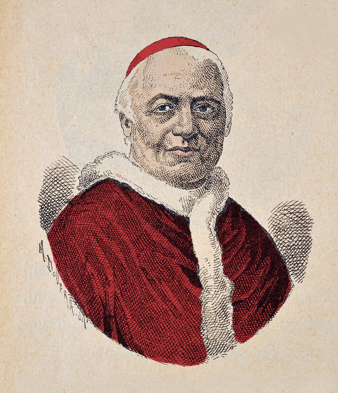 Portrett av paven Pie IX (Pius eller Pio eller Giovanni Maria Mastai Ferretti) (1846-1878), 1898 (gravering med senere fargelegging) av Italian School