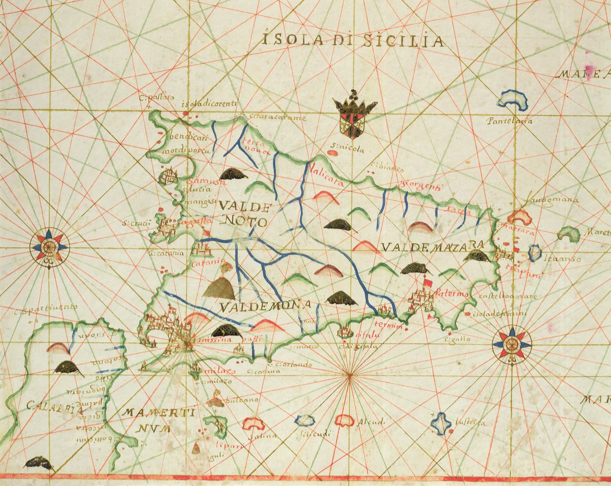 Sicilia og Messinastredet, fra et nautisk atlas, 1646 (blekk på vellum) av Italian School