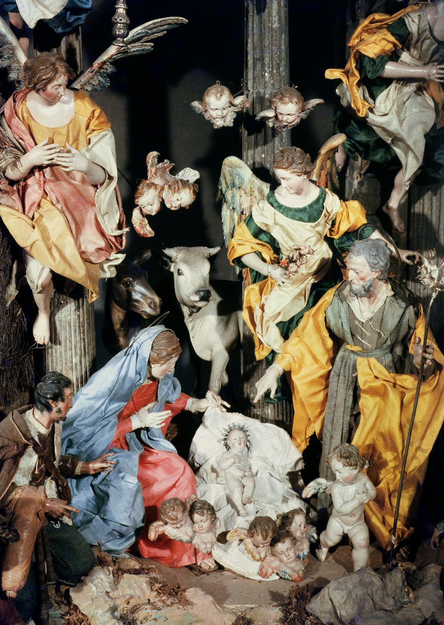 The Nativity, laget i Napoli, detalj av den sentrale delen (keramikk) (se også 169014) av Italian School