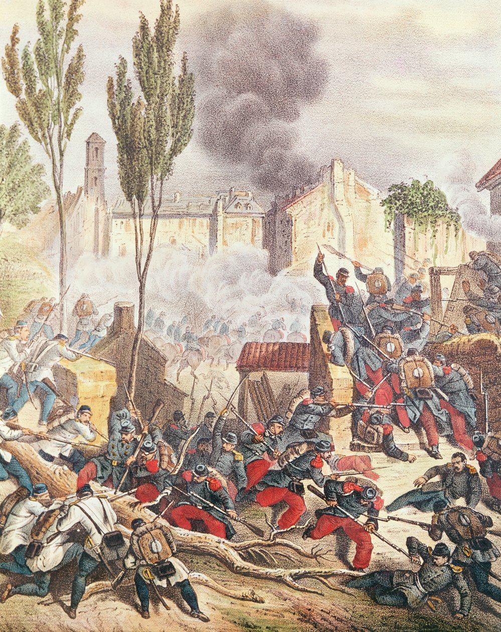 Piemonteserne og franskmennene i slaget ved Magenta i 1859 (fargegravering) av Italian School