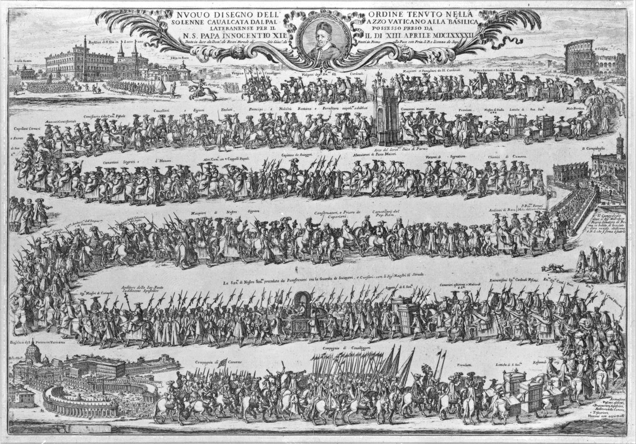 Prosesjonen til pave Innocent XII fra Vatikanet etter at han formelt tok i besittelse av Johannes, 1692 av Italian School