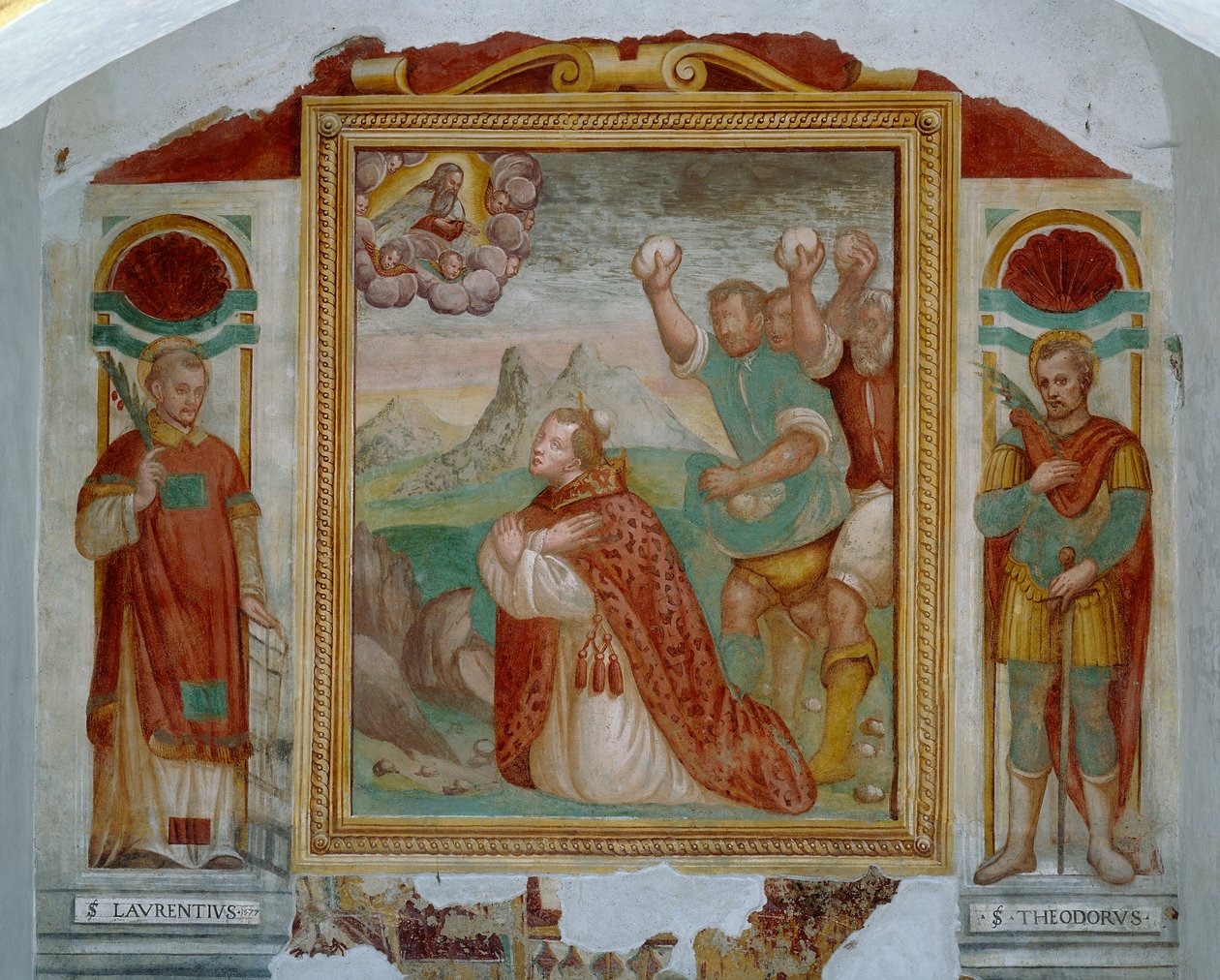 Saint Stephens martyrdød mellom Saints Lawrence og Theodor av Italian School