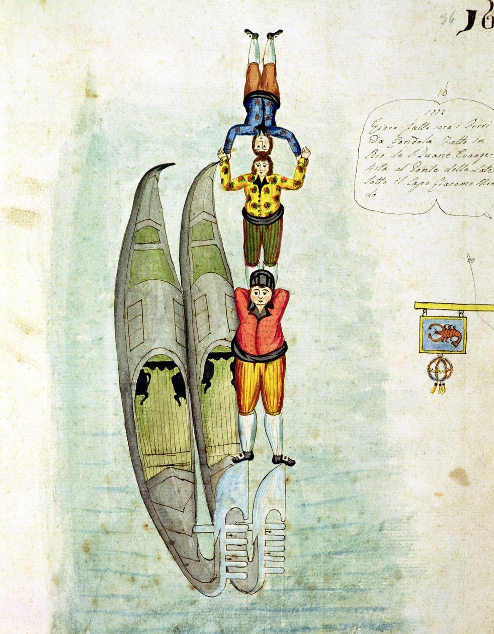 Tre menn balanserer på to gondoler, 1772 av Italian School