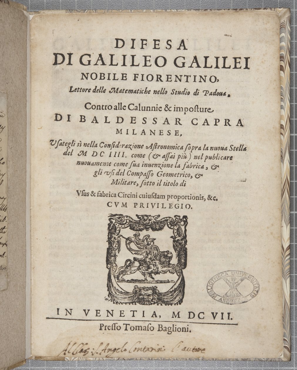 Tittelsiden til Difesa, av Galileo, 1607 av Italian School