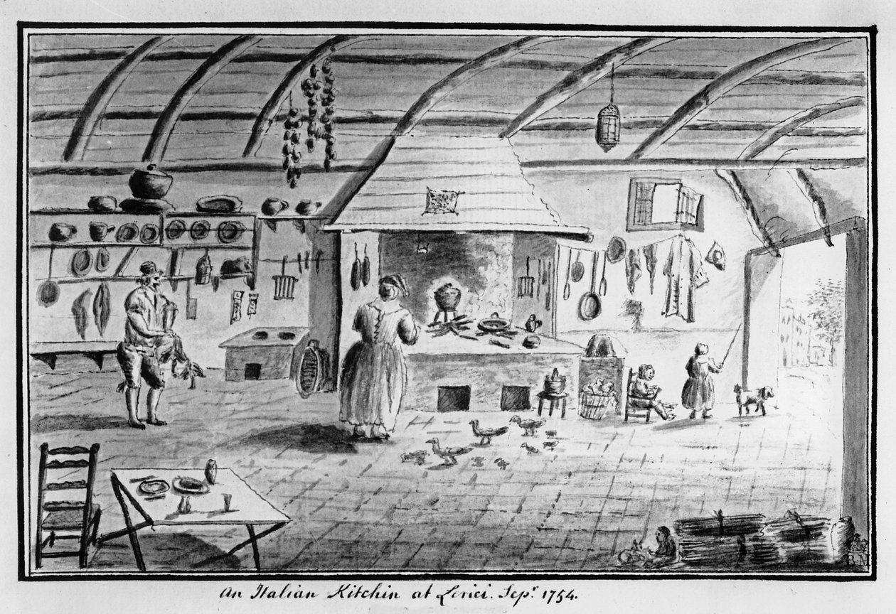 Utsikt over et italiensk kjøkken på Lerici, september 1754 (penn og blekk) av Italian School