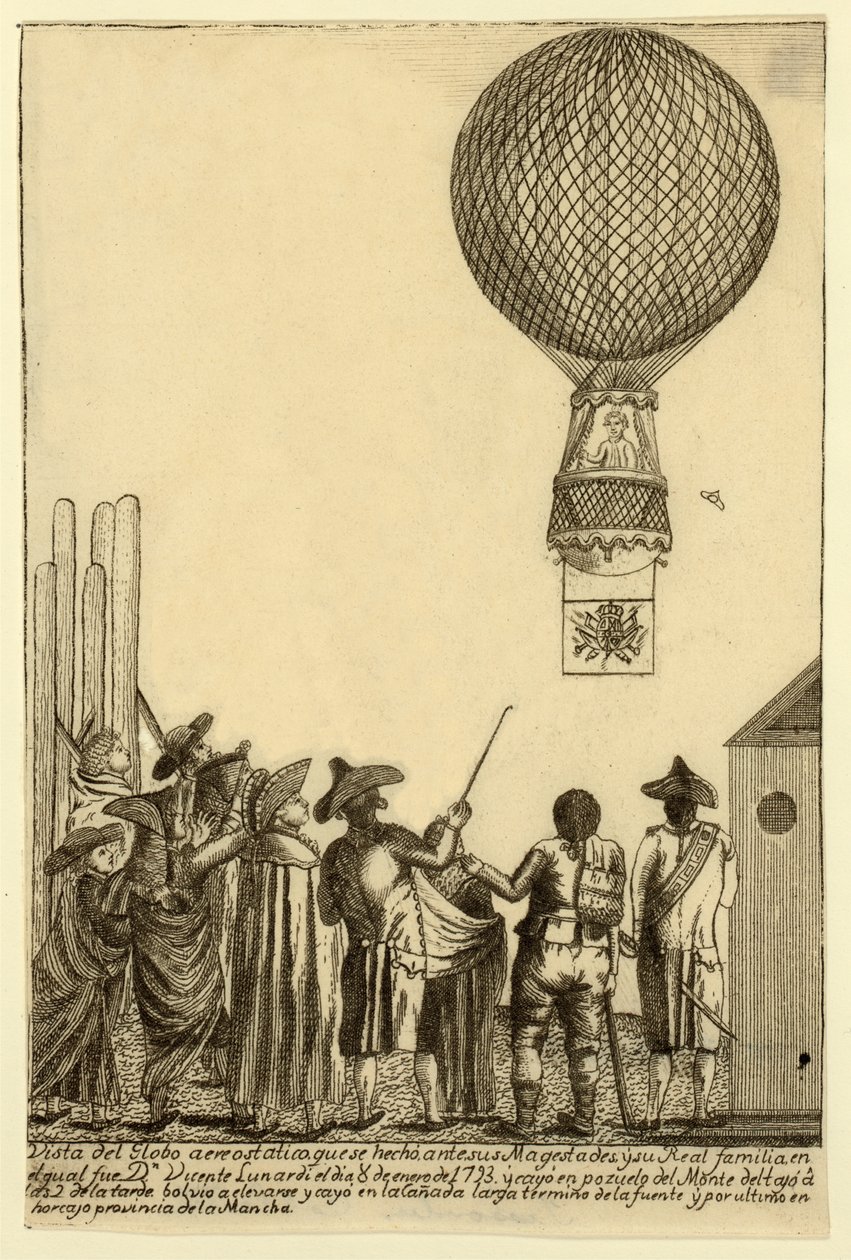Utsikt over luftballongen som ble laget før deres majesteter og deres kongefamilie der Dn. Vicente Lunardi den 8. januar 1793? pub. 1793 av Italian School