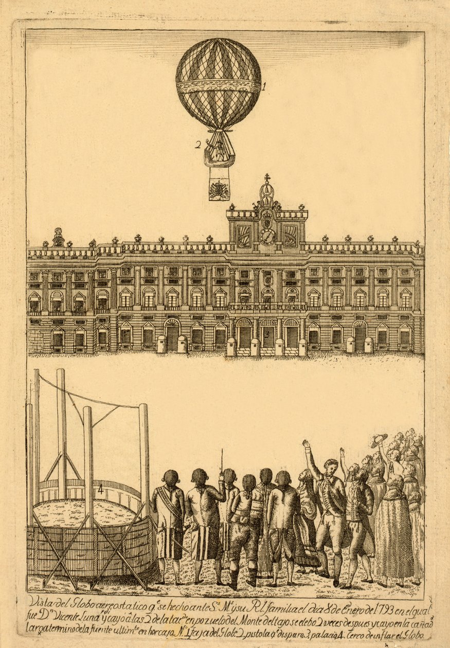 Utsikt over luftballongen. ble laget før Ss. Ms. og hennes Rl. familie den 8. januar 1793 hvor Dn. Vicente Lunardi og falt klokken 2 på ettermiddagen?, pub. 1793 av Italian School