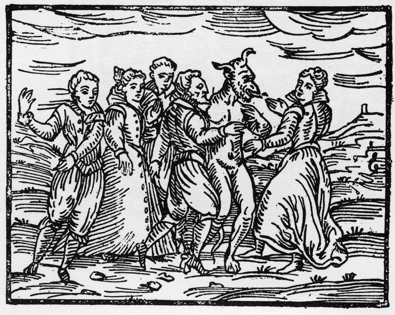 Hekser som danser med djevelen, illustrasjon fra Compendium Maleficarum av Francesco Maria Guazzo, 1608 av Italian School