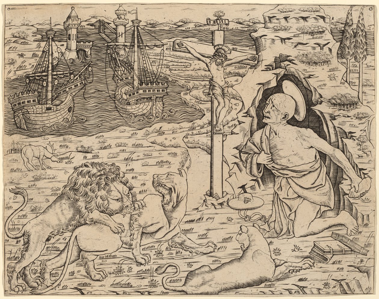 Saint Hieronymus i bot, med to skip i en havn av Italian 15th Century