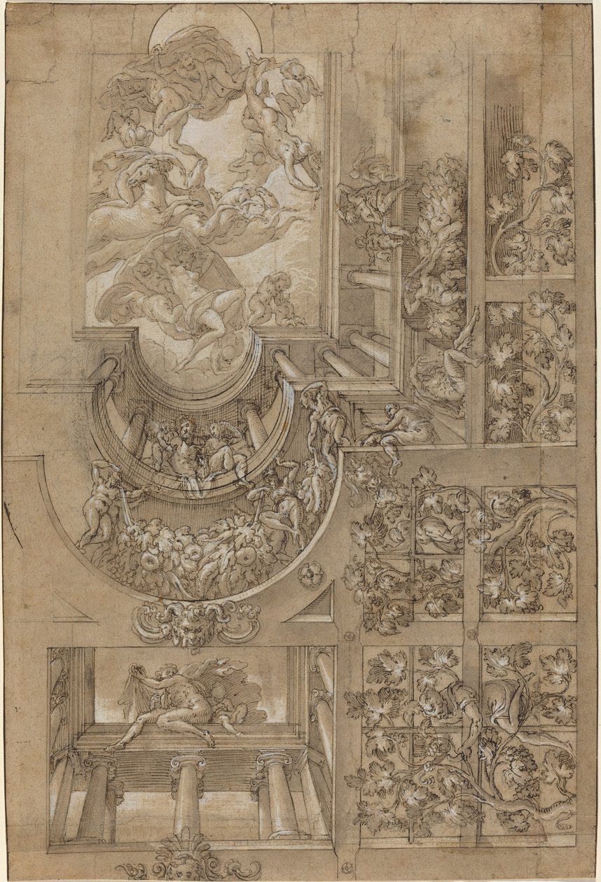 Illusjonistisk tak med druearbor, figurer i gallerier og en sentral scene av olympiske guder av Italian 16th Century