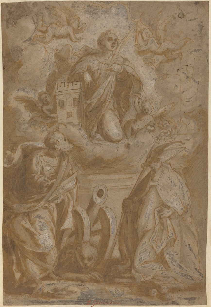 Saint Barbara in Glory med de hellige Nicholas og Jerome av Italian 16th Century