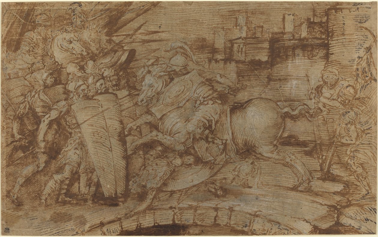 Horatius Cocles forsvarer Roma av Italian 16th Century or Master of the Victoria and Albert Diableries